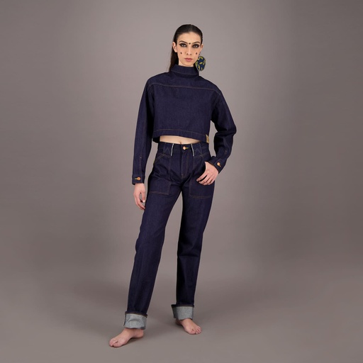 [01-010-10-091-K490-L/XL] Cropped jacket unisexe selvedge avec fermeture décalée en jeans Selvedge And Raw Look - TUNIS FASHION WEEK 2024 (L/XL)