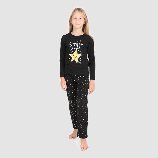[05-010-16-245-K950-10/12A] Pyjama fille manches longues SMILE يليز (Noir &amp; Noir Imprimé Point, 10/12A)