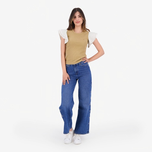 [05-010-02-682-K156-L] T-shirt côtelé femme manches à volant en chaine et trame (Marron Clair , L)