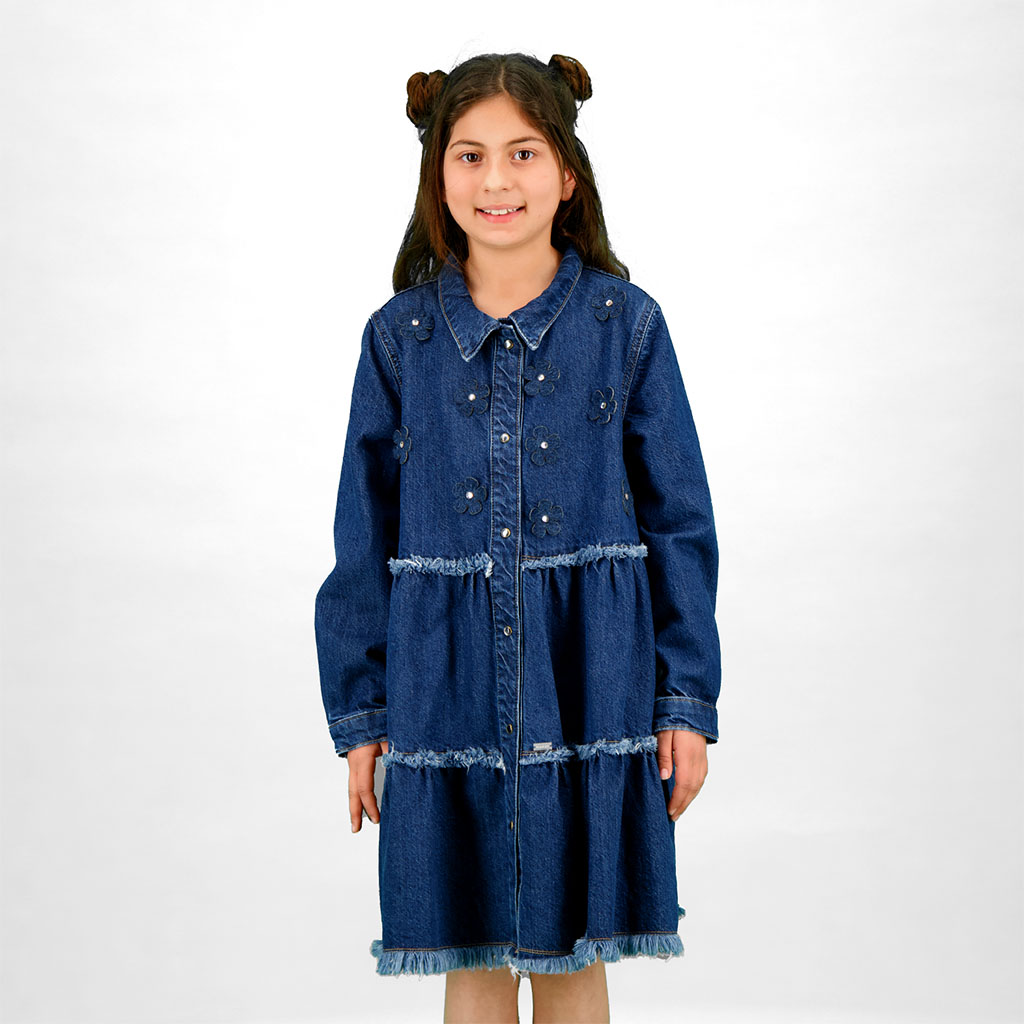 Robe chemise fille avec fleurs a volants en jeans