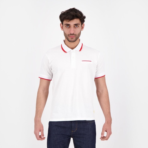 [05-010-15-059-K541-L] Polo homme manches courtes avec poche passpoilée (Blanc &amp; Rouge, L)
