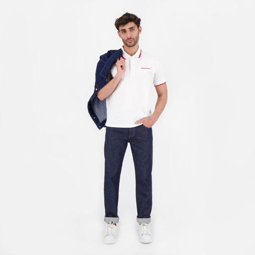 [05-010-15-059-K541-L] Polo homme manches courtes avec poche passpoilée (Blanc &amp; Rouge, L)