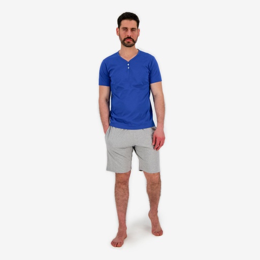 [05-010-28-027-K555-L] Ensemble homme manches courtes col tunisien avec broderie (Bleu Roi &amp; Gris Chiné, L)