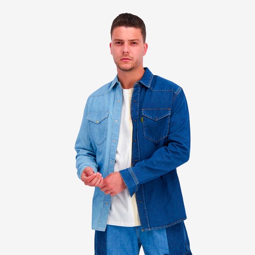 [01-010-09-101-K920-L] Upcycling chemise western homme en jeans bi-couleur - SHEMS V2 (L)