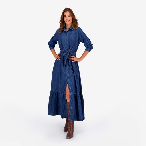 [01-010-09-102-K490-L] Robe longue femme  avec volant et Broderie ROKIA (Jeans Bleu foncé, L)