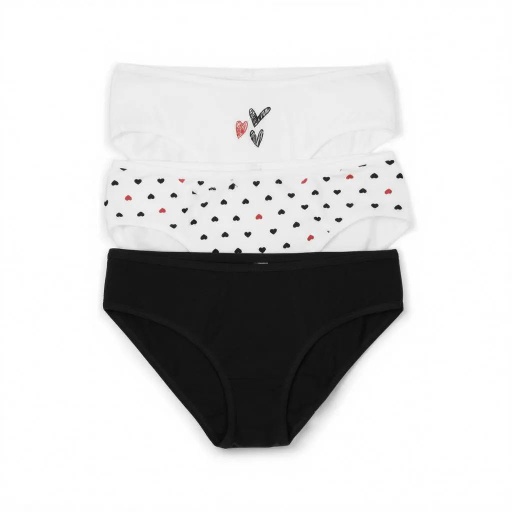 [05-010-20-050-K1005-L] Lot de 3 Slips taille basse femme en coton stretch (Blanc &amp; Noir &amp; Blanc Imprimé Cœurs, L)