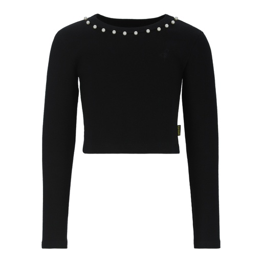 [05-010-02-830-K040-10/12A] T-shirt crop fille manches longues avec perles (Noir, 10/12A)