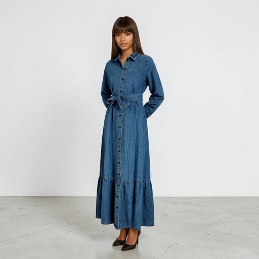 [01-010-09-102-K419-L] Robe longue femme  avec volant et Broderie ROKIA (Jeans Bleu  Moyen, L)