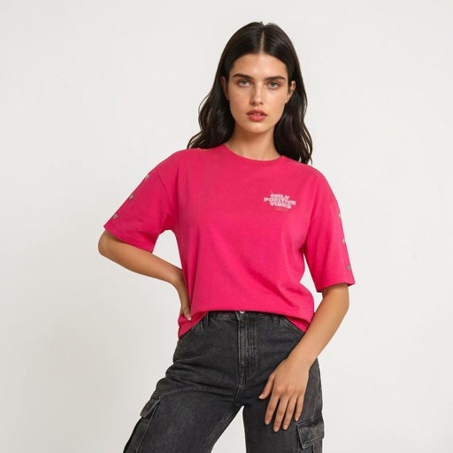 [05-010-02-832-K149-L] T-shirt femme sur taille avec boutons pression ONLY POSITIVE VIBES (L)