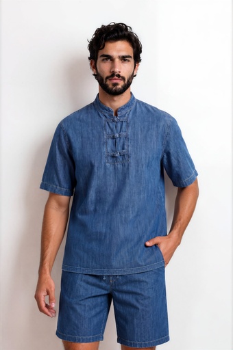 [01-010-09-104-K419-L] Tunique homme manches courtes avec détail dengri-TAHA (Jeans Bleu  Moyen, L)
