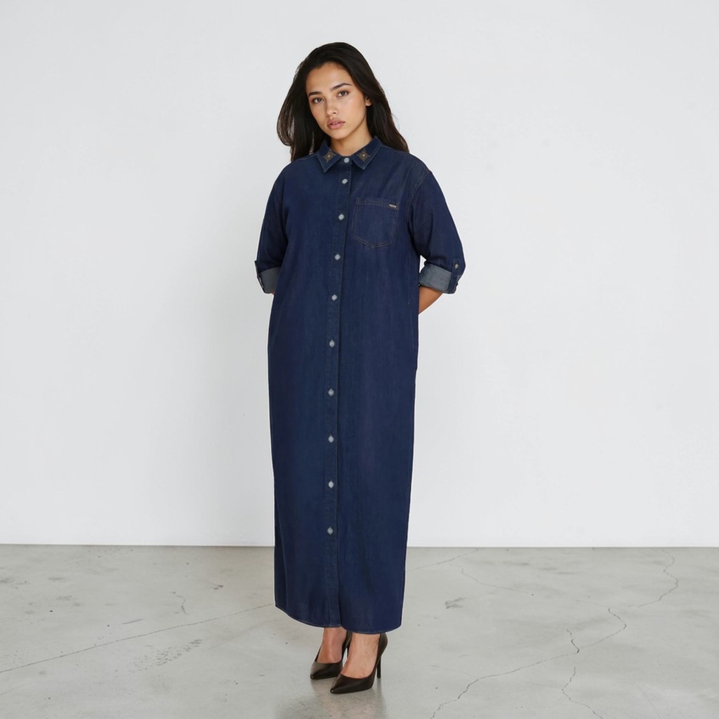 Robe chemise longue femme en jeans avec broderie