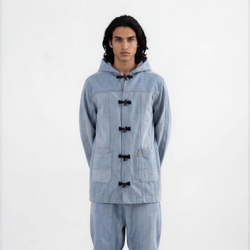 [01-010-10-099-K412-L/XL] Kachabya unisexe en jeans UPCYCLING METHODS - TUNIS FASHION WEEK 2024 (Jeans Bleu Clair, L/XL)