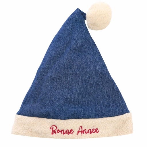 Bonnet en jeans avec fourrure et broderie bonne année