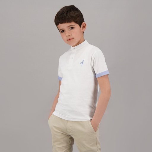 Polo garçon col mao manches courtes détail chaine et trame avec broderie