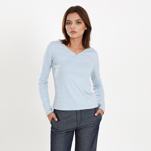 T-shirt côtelé femme manches longues col v avec patte de boutonnage