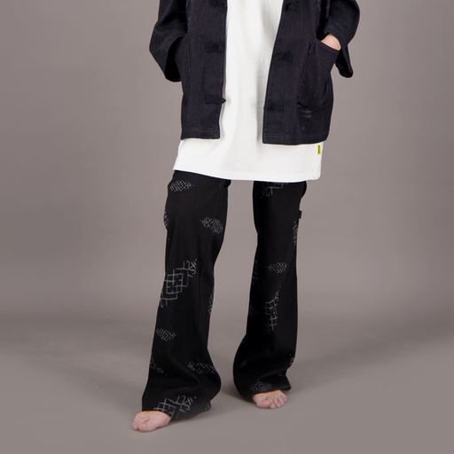 Jambières unisexe en jeans IMPRIME BERBERE HEAVY PRINT AND LASER - TUNIS FASHION WEEK 2024 - Bleu Marine &amp; Imprimé Rose Bleu