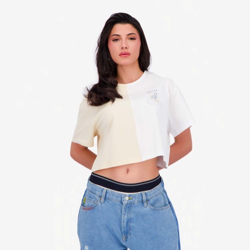 Upcycling t-shirt crop femme manches courtes POSTCARD &amp; WARNING V2