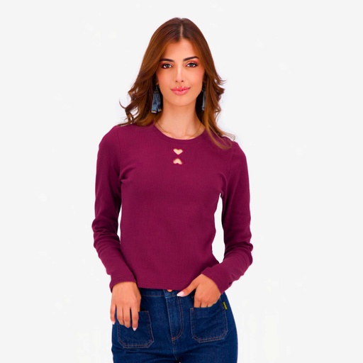 T-shirt côtelé femme manches longues avec cut out Coeur