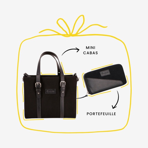 Pack cadeau portefeuille &amp; mini cabas - Blanc &amp; Noir &amp; Blanc Imprimé Feuilles Bleu