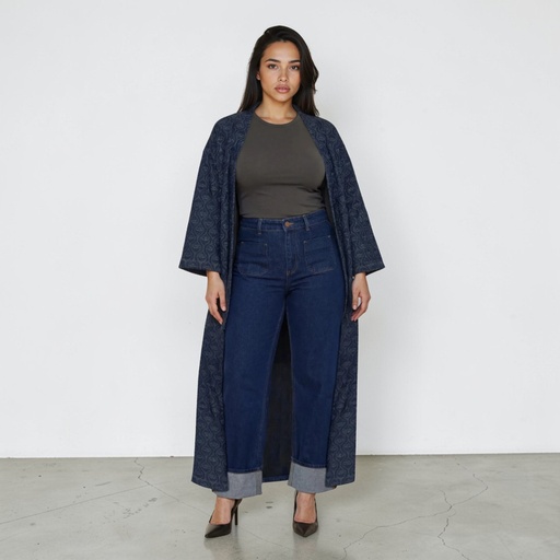 Kimono femme en jeans avec laser all over - KARAMA - Jeans Bleu Clair