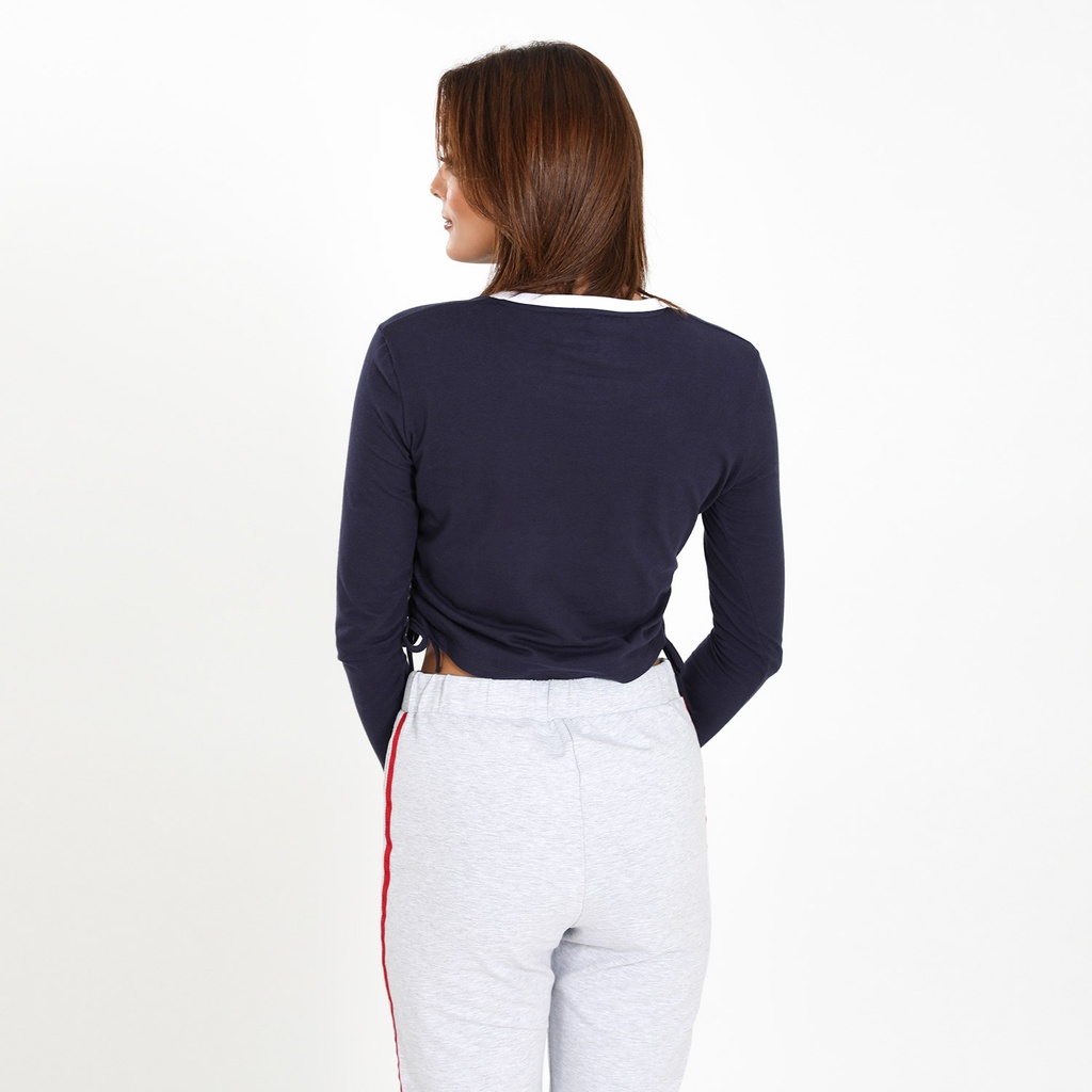 T-shirt crop femme manches longues avec cordon de serrage et broderie