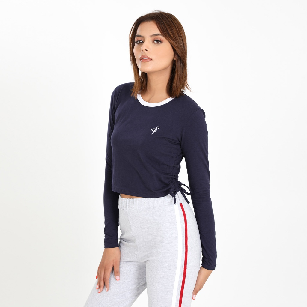 T-shirt crop femme manches longues avec cordon de serrage et broderie