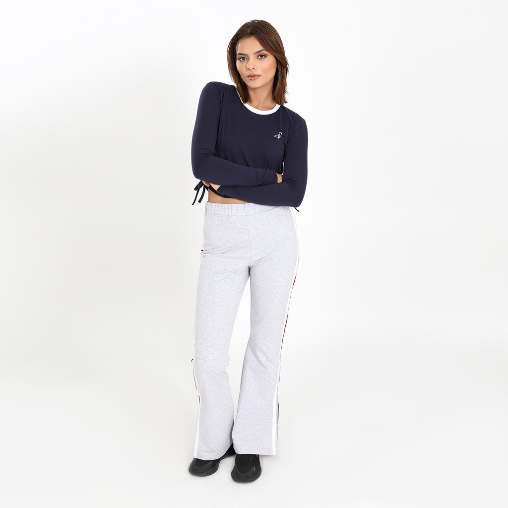 T-shirt crop femme manches longues avec cordon de serrage et broderie