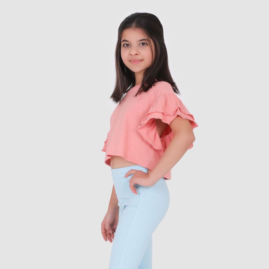 T-shirt crop fille manches courtes avec volant