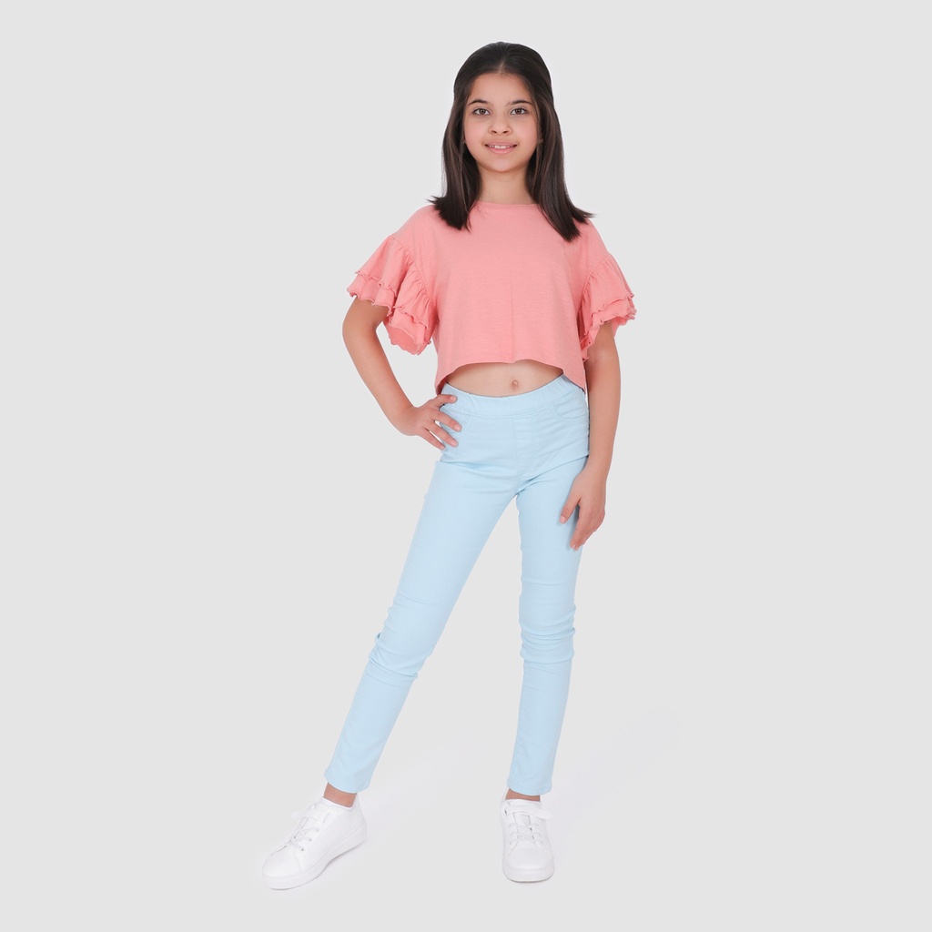 T-shirt crop fille manches courtes avec volant