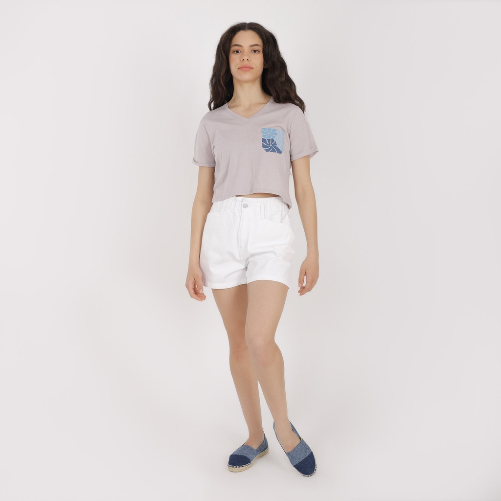 T-shirt crop femme manches courtes col V FLEUR