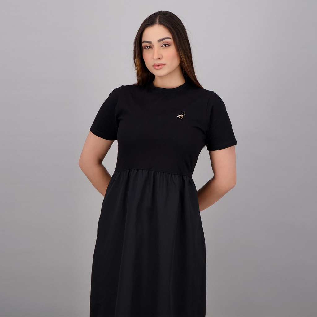 Robe midi femme manches courtes bi-matières