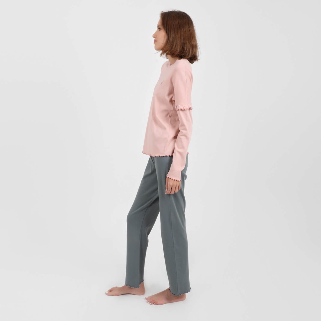 Pyjama côtelé femme manches longues avec volant