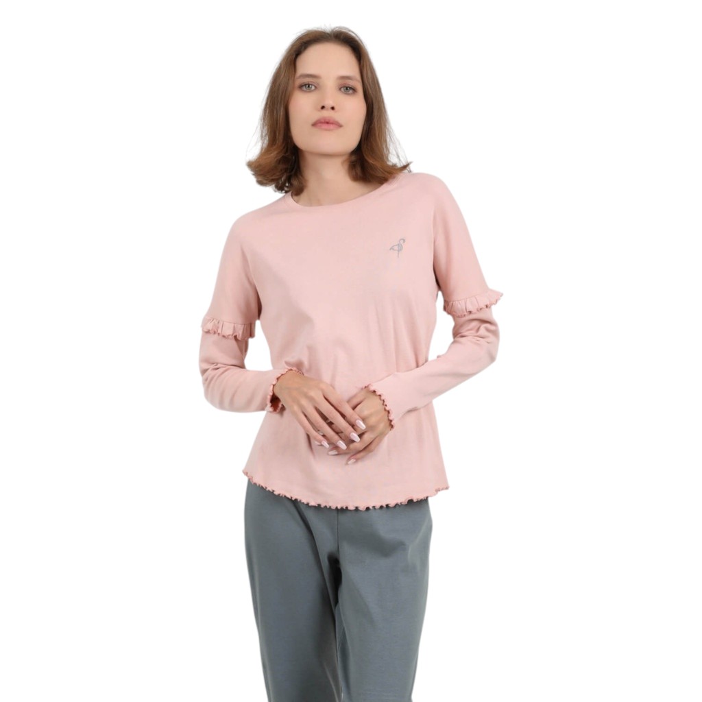 Pyjama côtelé femme manches longues avec volant