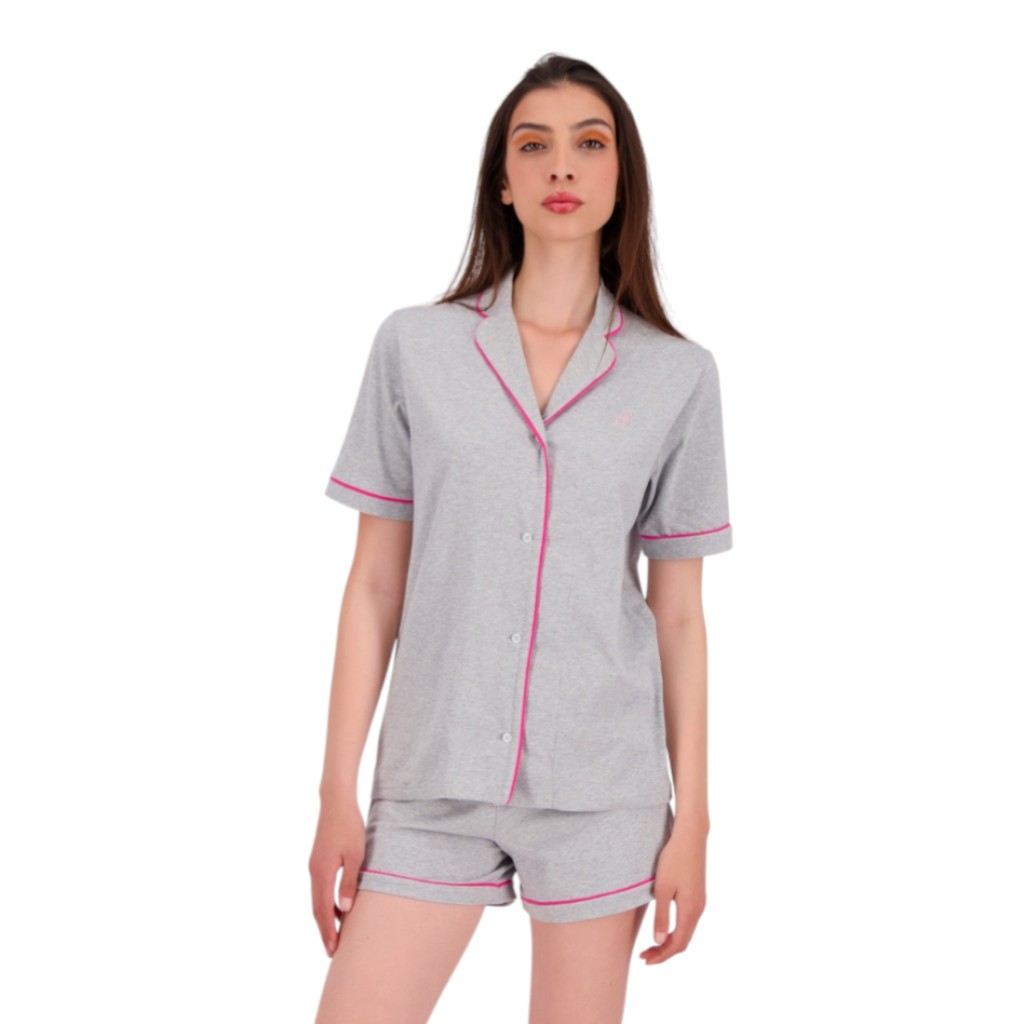 Pyjama chemise et short femme manches courtes avec pipping