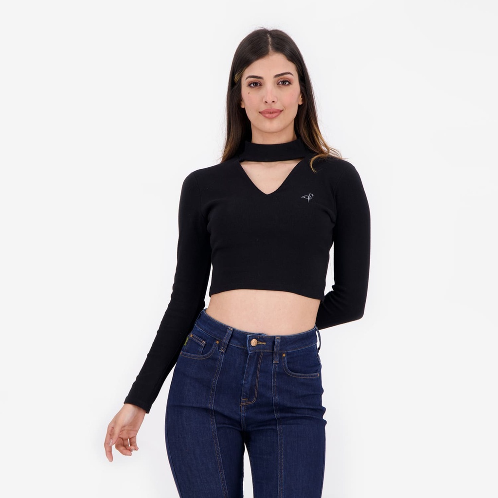 T-shirt crop côtelé femme manches longues avec détail cut out