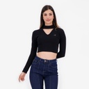 T-shirt crop côtelé femme manches longues avec détail cut out