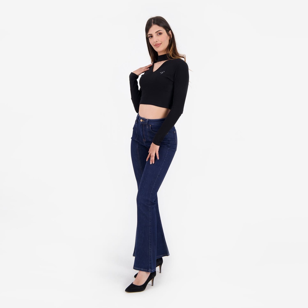 T-shirt crop côtelé femme manches longues avec détail cut out