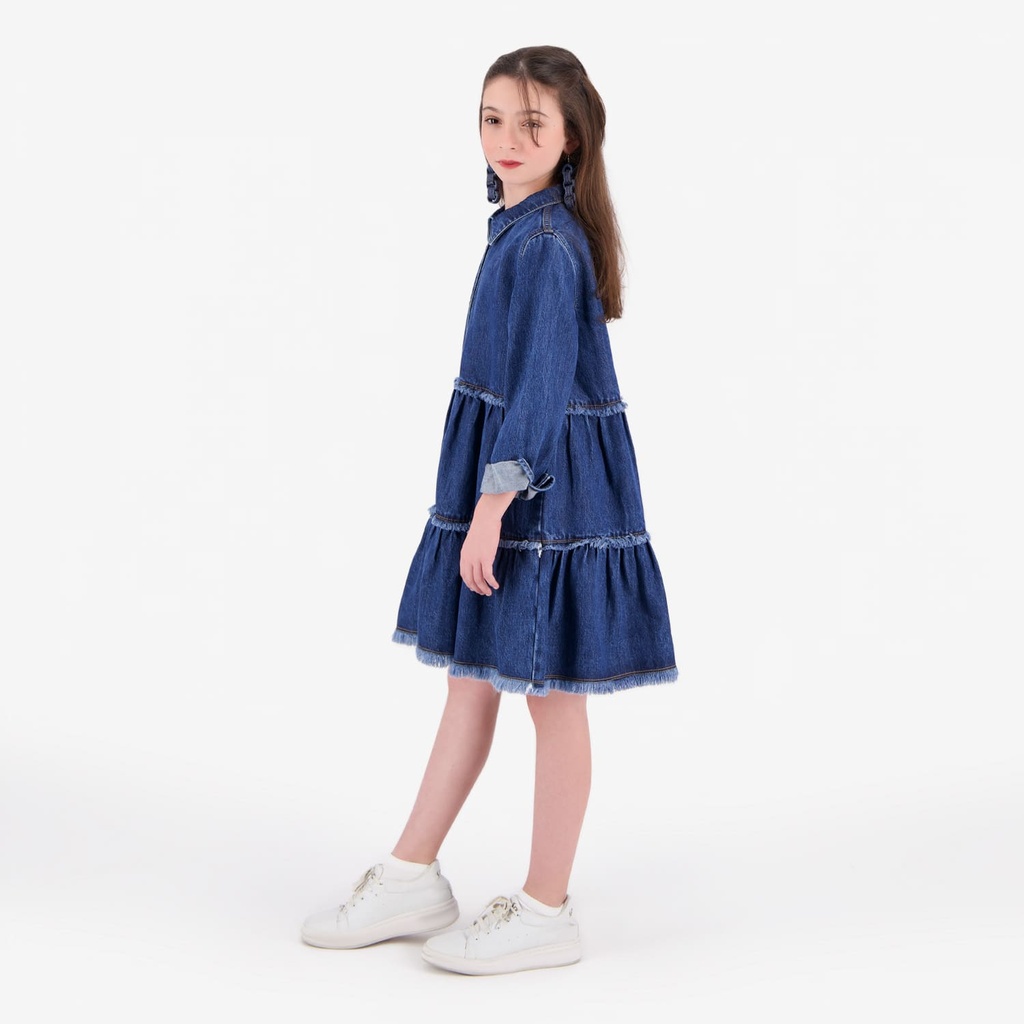 Robe chemise fille a volants en jeans