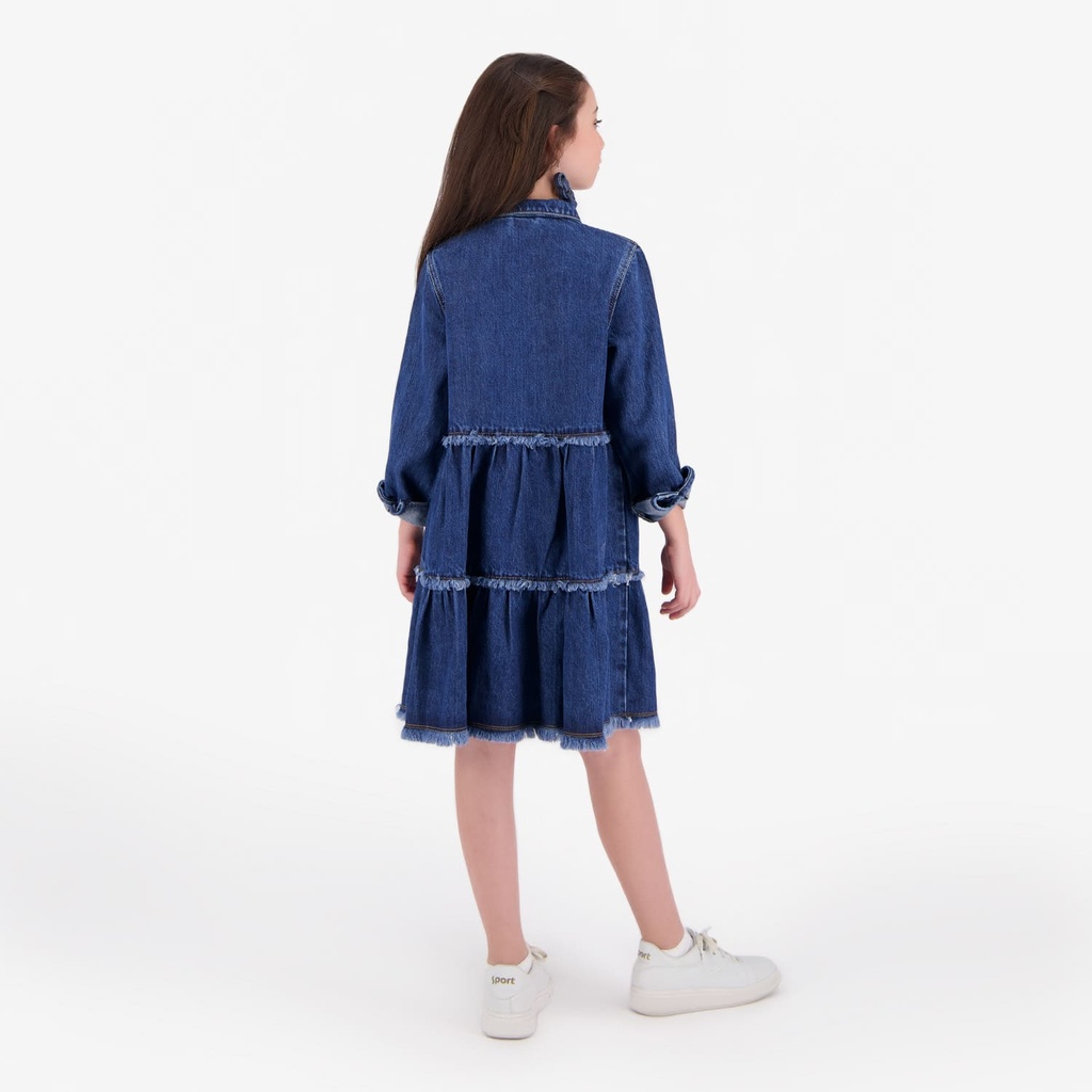 Robe chemise fille a volants en jeans
