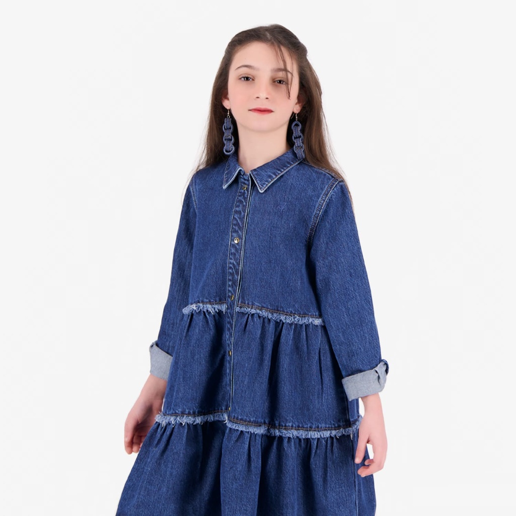 Robe chemise fille a volants en jeans