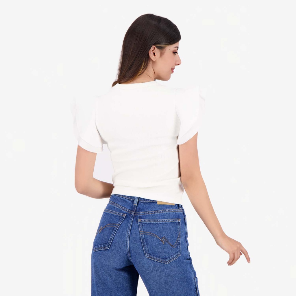 T-shirt côtelé femme manches à volant en chaine et trame