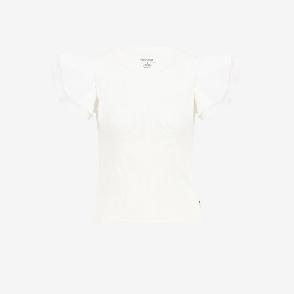 T-shirt côtelé femme manches à volant en chaine et trame