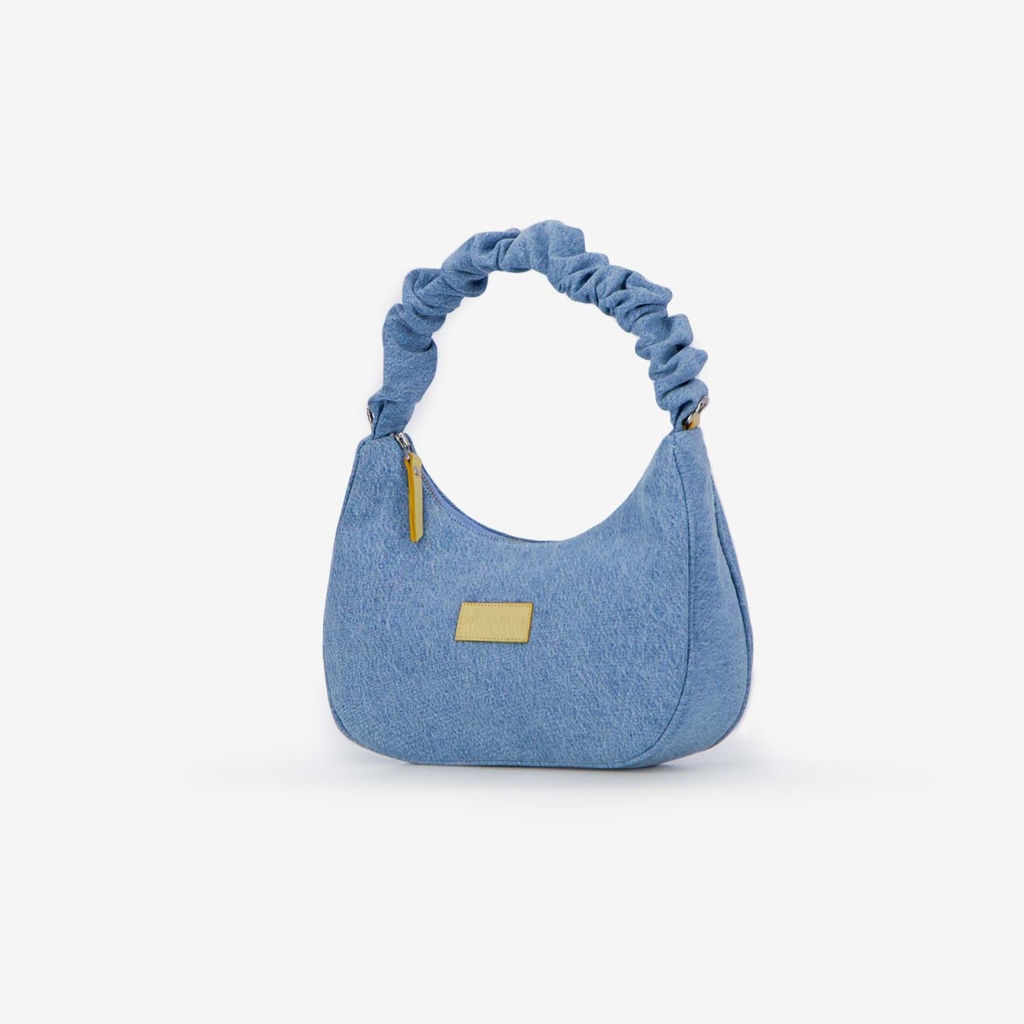 Sac demi lune scrunchie femme en jeans et cuir