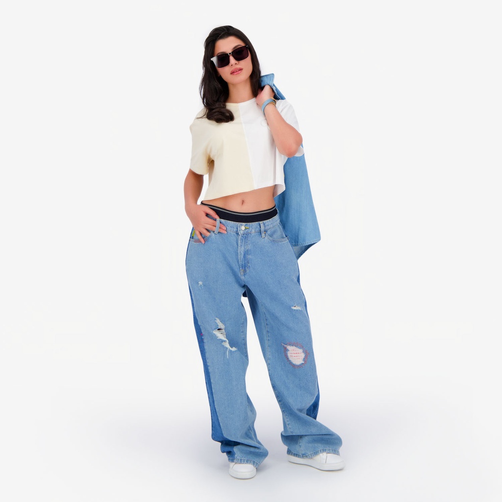 Upcycling baggy jeans femme bi-couleur