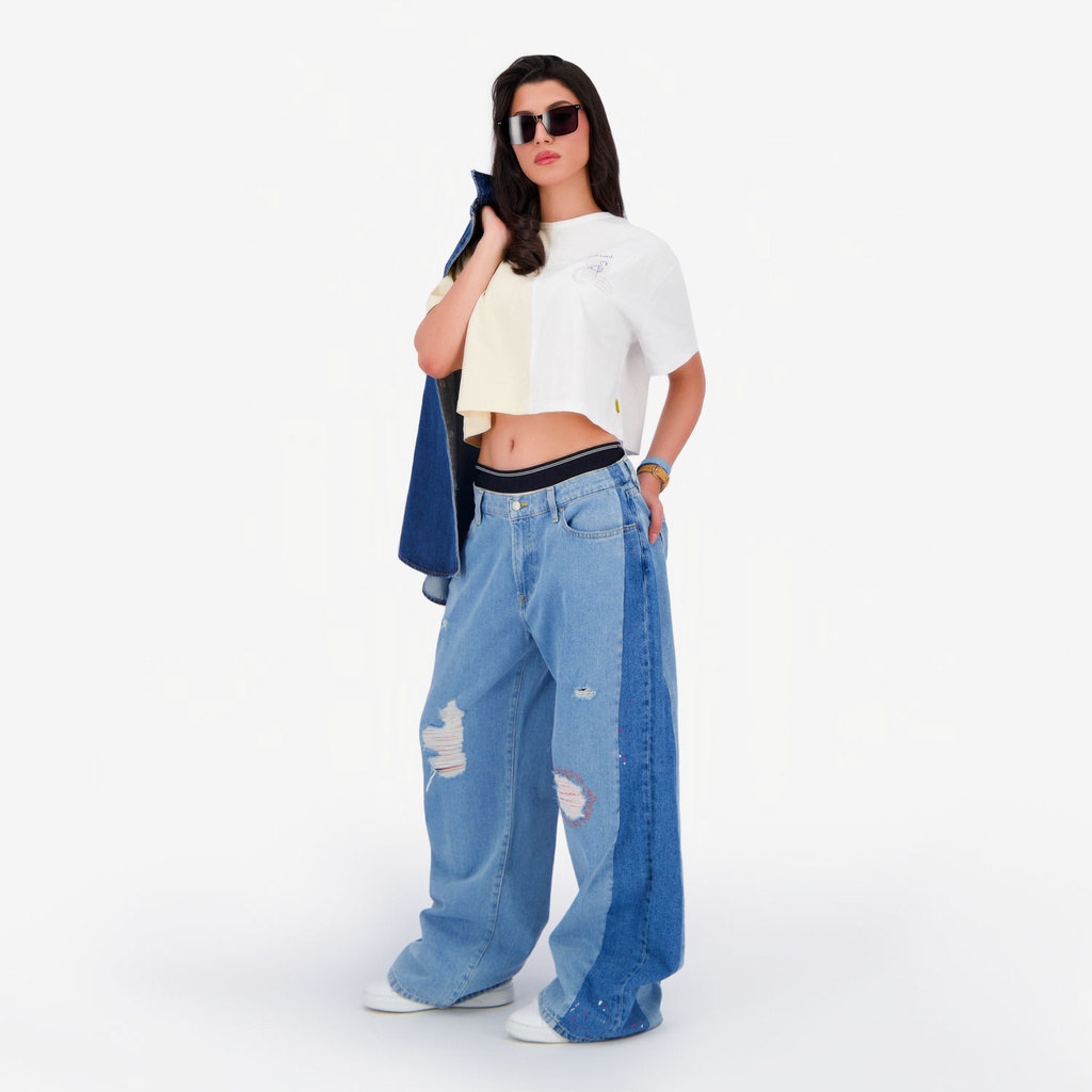 Upcycling baggy jeans femme bi-couleur