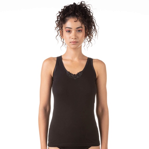 [05-010-12-067-K040-L] Débardeur femme en coton pur détail dentelle (Noir, L)