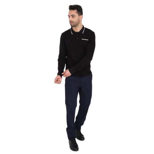[05-010-15-015-K040-L] Polo homme manches longues avec poche passepoilée (Noir, L)