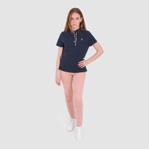 [05-010-15-030-K015-L] Polo femme manches courtes avec volant et broderie (Bleu Marine, L)