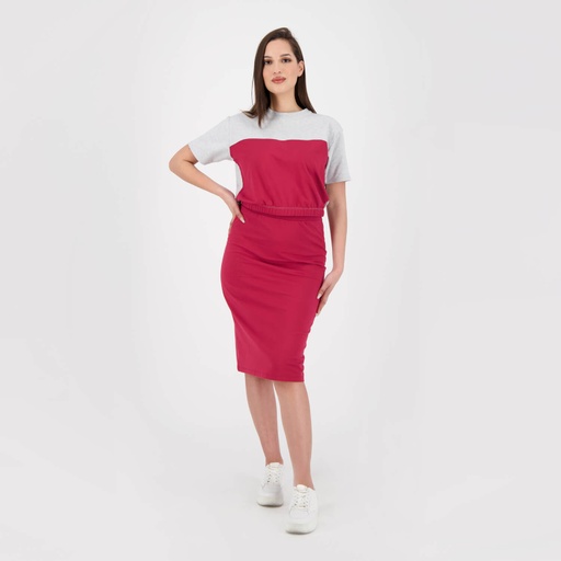 [05-010-02-436-K535-L] T-shirt femme manches courtes en molleton avec découpe (Gris Chiné &amp; Rouge Bordeaux, L)