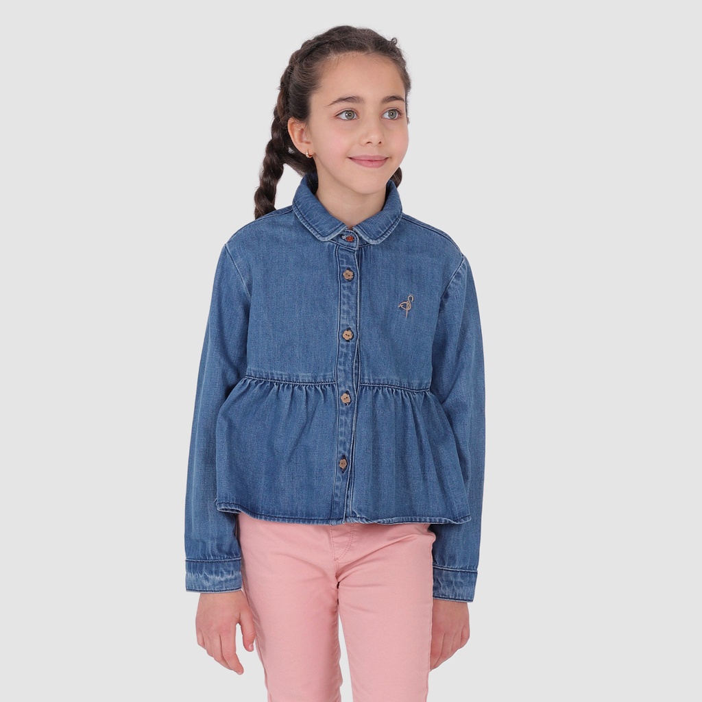 Chemise fille en jeans col claudine